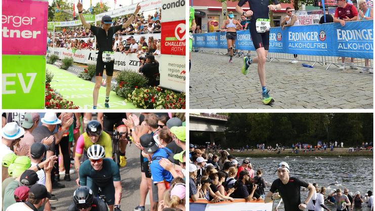 Vier Bilder von einem Triathlon: Teilnehmer bei der Ziellinie, beim Radfahren und beim Schwimmen zwischen Zuschauern.