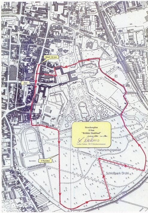 Streckenplan für den "Brühler Stadtlauf" über 10 km mit markierter Route und wichtigen Punkten.