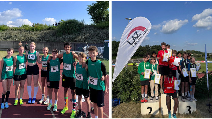 Gruppenfoto von Jugendlichen in Sportkleidung auf einer Leichtathletikanlage, Medaillengewinner auf Treppchen, Veranstaltungsumgebung.