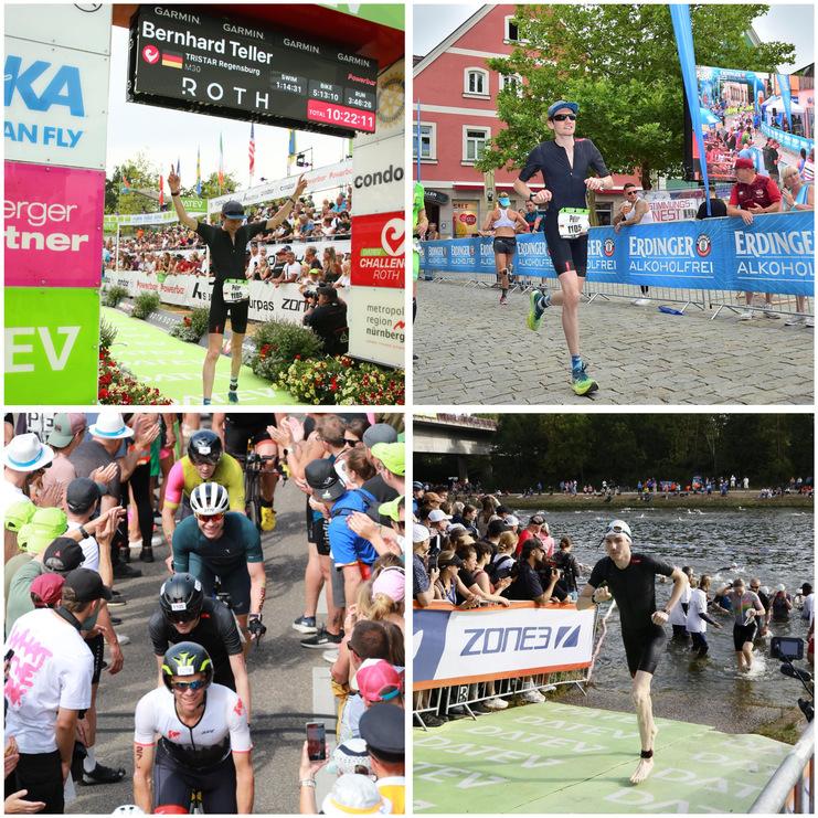 Vier Bilder von einem Triathlon: Teilnehmer bei der Ziellinie, beim Radfahren und beim Schwimmen zwischen Zuschauern.
