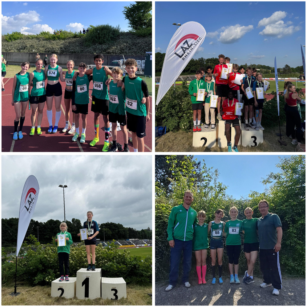 Gruppenfoto von Jugendlichen in Sportkleidung auf einer Leichtathletikanlage, Medaillengewinner auf Treppchen, Veranstaltungsumgebung.