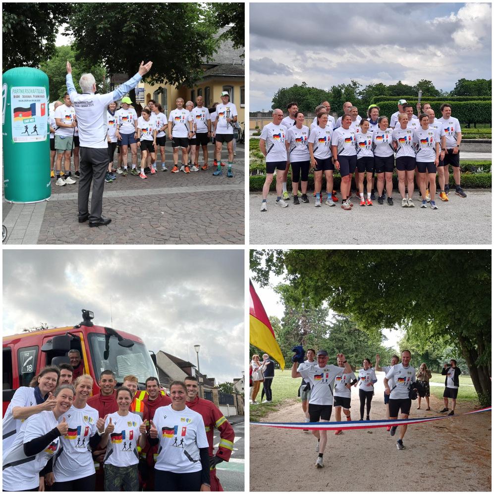 Collage aus vier Bildern: Laufveranstaltung mit Teilnehmern in T-Shirts, einem Sprecher, Feuerwehr und Zielschluss.