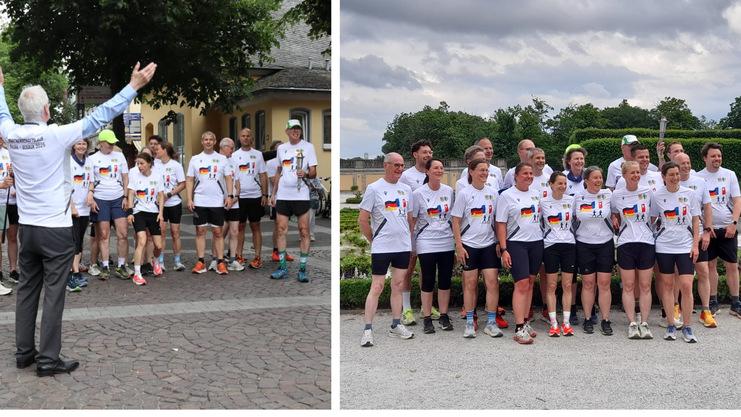 Collage aus vier Bildern: Laufveranstaltung mit Teilnehmern in T-Shirts, einem Sprecher, Feuerwehr und Zielschluss.