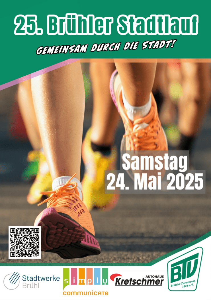 Läuferbeine in bunten Sportschuhen beim Brühler Stadtlauf mit Datum 24. Mai 2025 im Vordergrund.