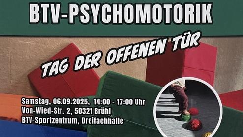 Plakat für den Tag der offenen Tür des BTV, mit bunten Matten und Informationen zur Veranstaltung in Brühl.
