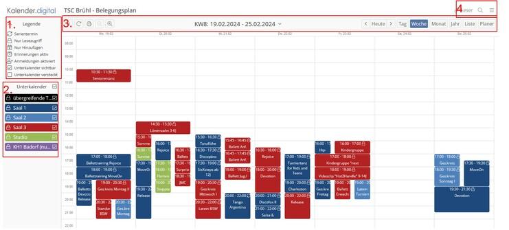 Kalenderansicht mit verschiedenen Tanzkursen und Veranstaltungen vom 19. bis 25. Februar 2024 in TSC Brühl.