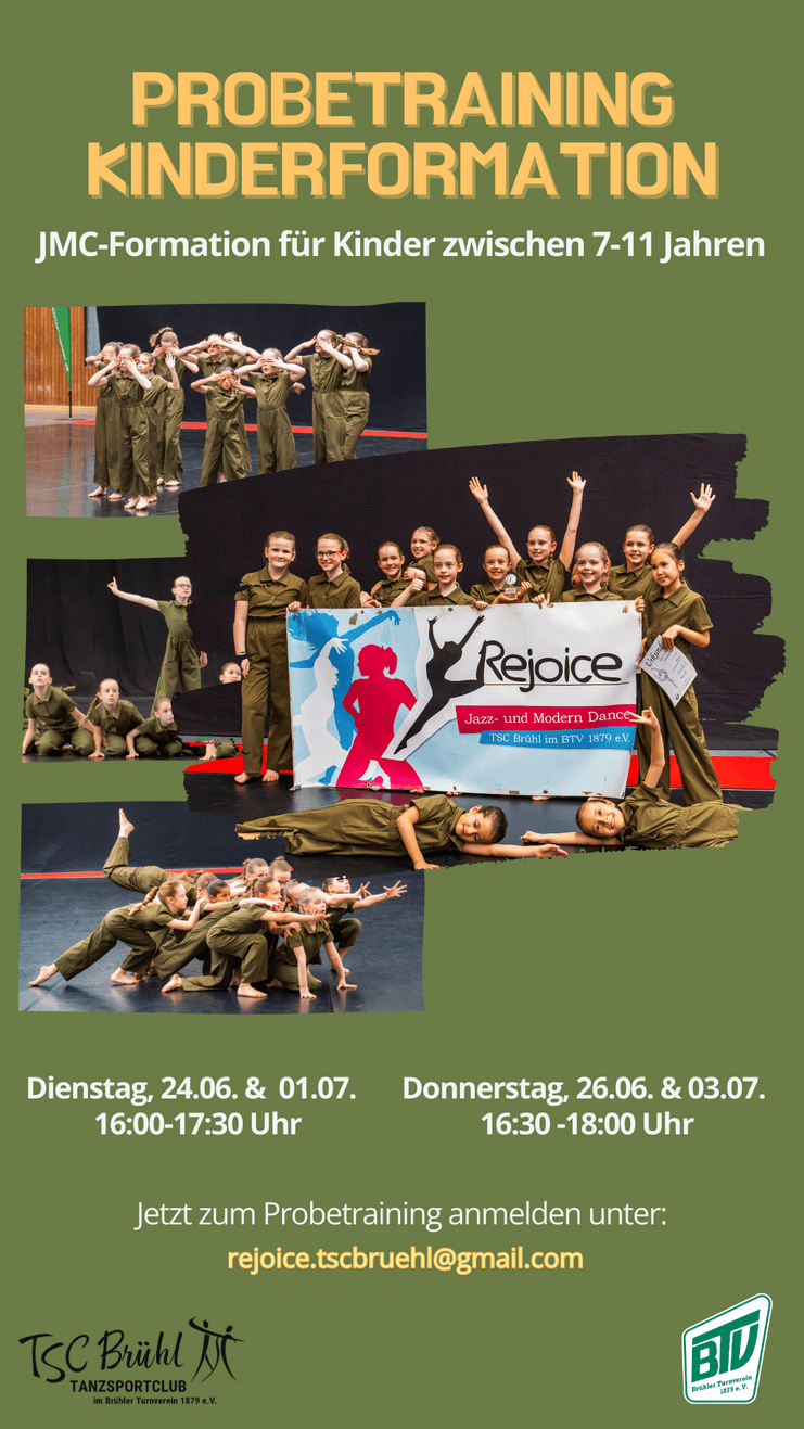 Poster für ein Probetraining der Kinderformation mit tanzenden Kindern in grünen Overalls und einem Rejoice-Banner.