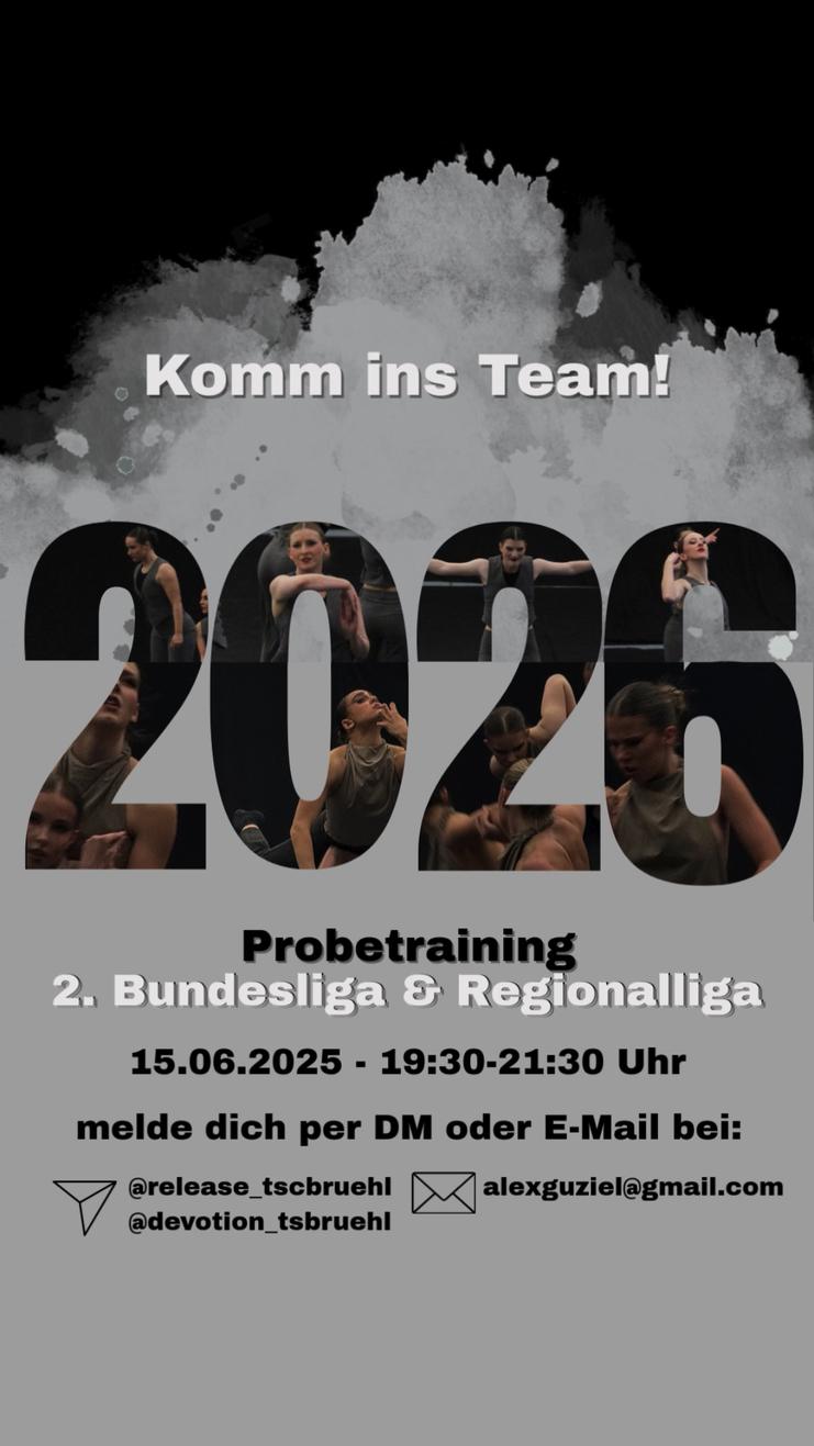 Ein Werbeplakat für ein Probetraining der 2. Bundesliga und Regionalliga am 15. Juni 2025, mit Teamfotos und Kontaktdaten.