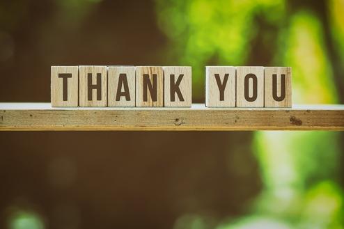 Holzbuchstaben bilden die Worte „THANK YOU“ auf einer Holzoberfläche vor unscharfem, grünem Hintergrund.
