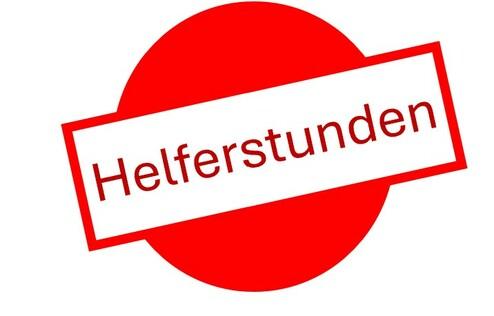 Rote runde Grafik mit dem Text „Helferstunden“ in weißer Schrift auf einem roten Hintergrund.