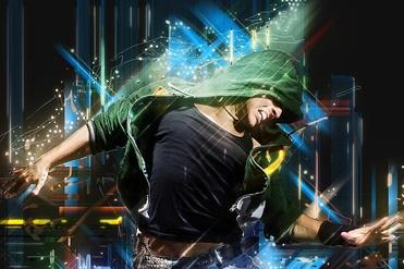 Tänzer in der Luft, umgeben von bunten Lichteffekten und grafischen Elementen auf schwarzem Hintergrund.