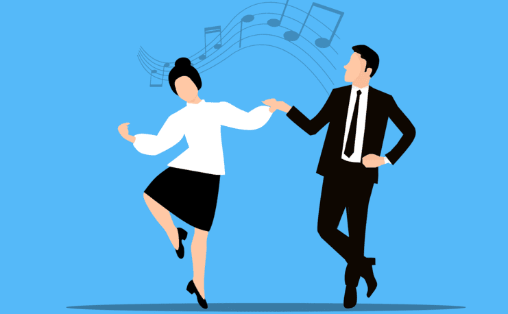 Tanzende Personen in Anzug und Bluse auf blauem Hintergrund, umgeben von musikalischen Noten.