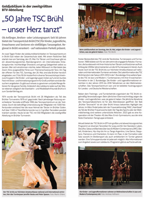 Jubiläumsfeier des TSC Brühl mit tanzenden Kindern und Jugendlichen auf der Bühne in festlicher Atmosphäre.