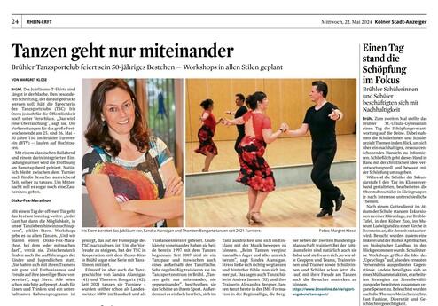 Artikel über den Brühler Tanzsportclub mit Fotos von Tänzern und der Sprecherin Sandra Alasnjan.