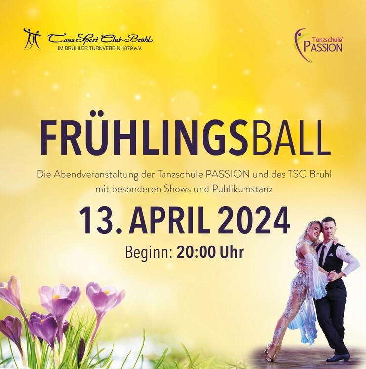 Plakat für den Frühlingsball 2024, mit Tanzpaar und Angaben zu Datum und Uhrzeit auf gelbem Hintergrund.