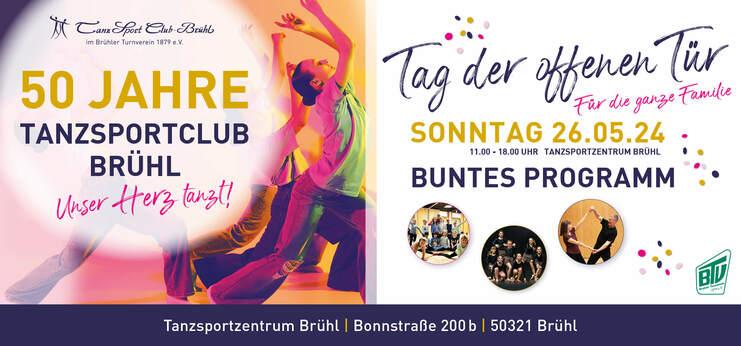 Festliche Einladung zum 50-jährigen Jubiläum des Tanzsportclubs Brühl mit buntem Programm am 26. Mai 2024.
