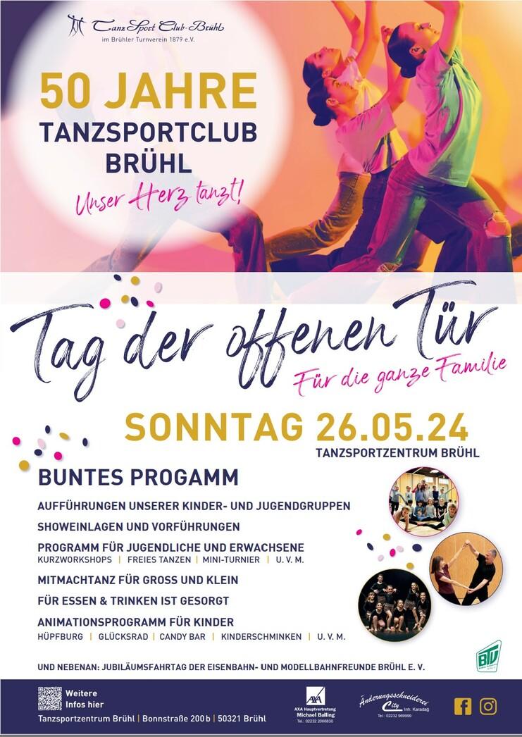 Plakat für den 50. Geburtstag des Tanzsportclubs Brühl mit Informationen zu einem Tag der offenen Tür am 26.05.24.