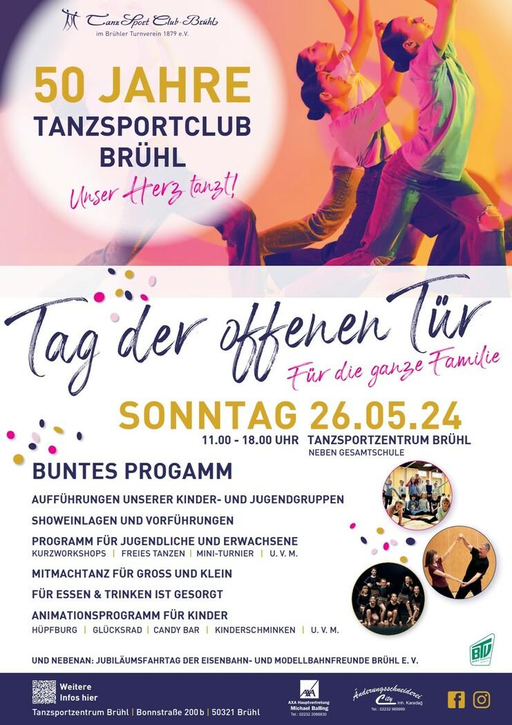 Grafik für den "Tag der offenen Tür" des Tanzsportclubs Brühl mit Eventdetails und farbigen Akzenten.