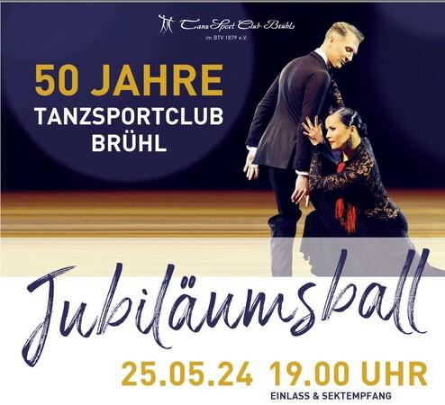 Einladung zu 50 Jahren Tanzsportclub Brühl, Jubiläumsball am 25.05.24 mit Turnier und Showeinlagen.
