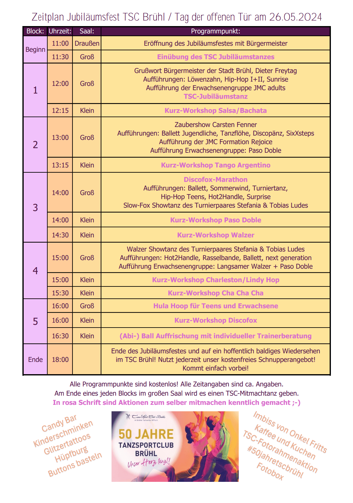 Zeitplan für das Jubiläumsfest des TSC Brühl am 26.05.2024 mit Programmpunkten und Uhrzeiten.