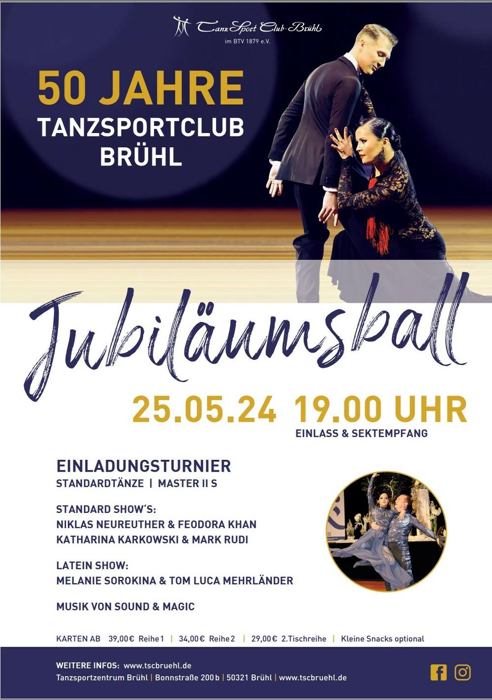 Einladung zu 50 Jahren Tanzsportclub Brühl, Jubiläumsball am 25.05.24 mit Turnier und Showeinlagen.