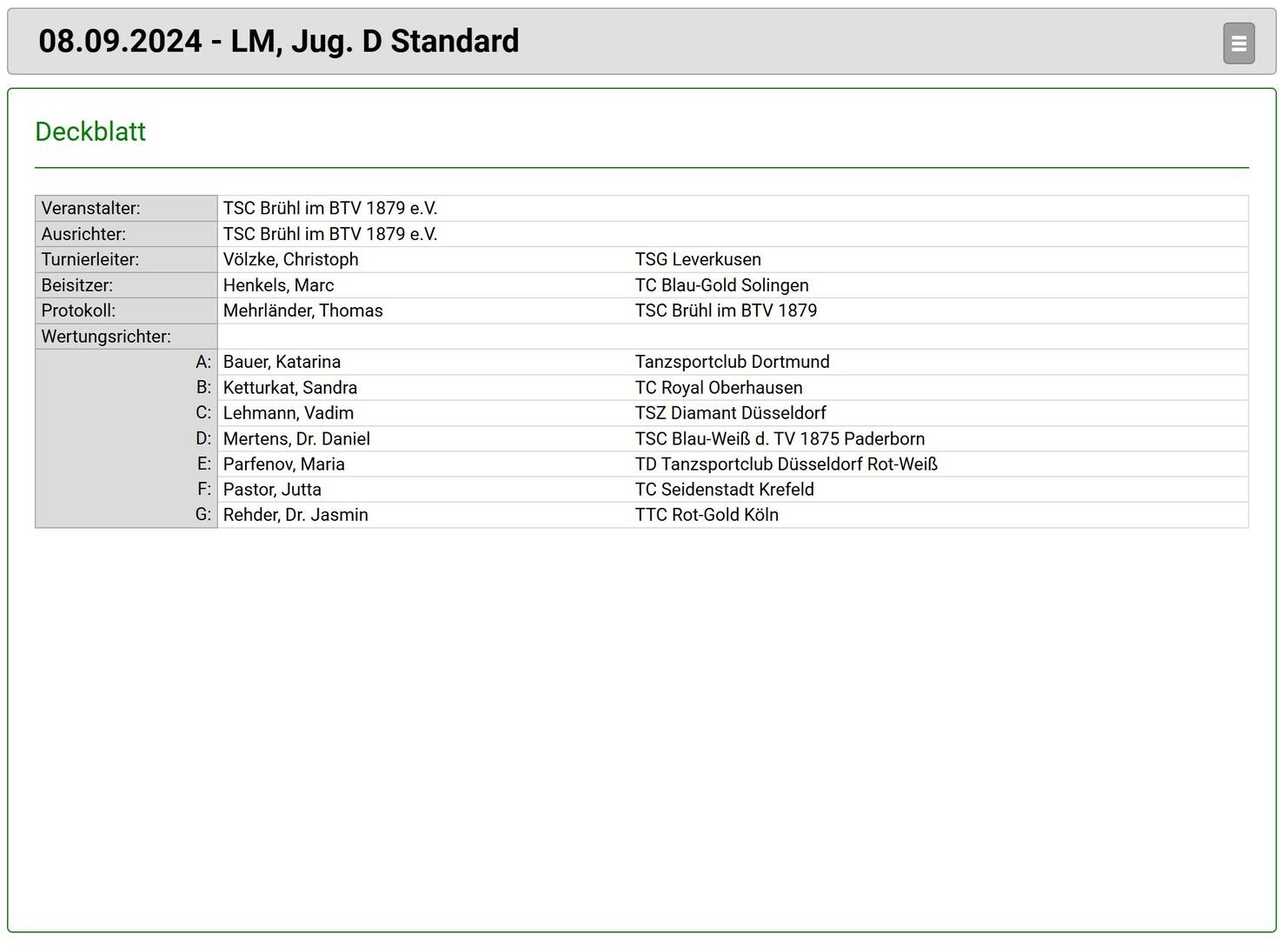 Deckblatt für ein Tanzturnier mit Veranstaltungsdetails und Bewertungsrichtern auf einem digitalen Dokument.