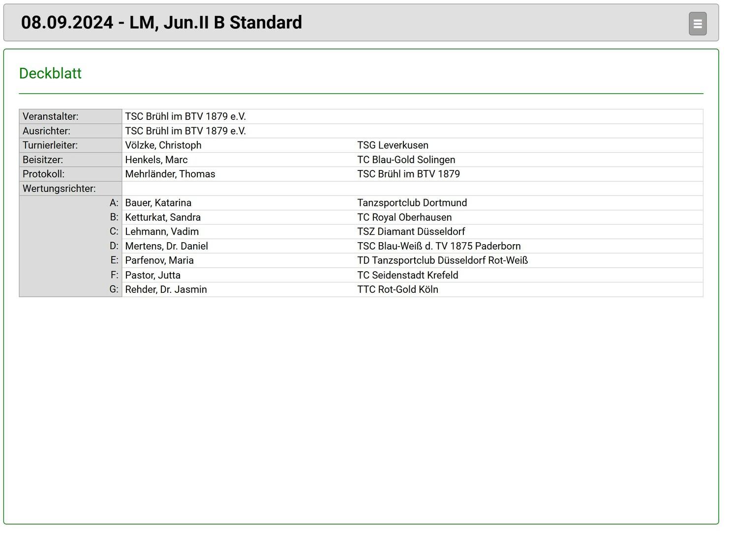 Deckblatt für die Landesmeisterschaft im Jugend-Tanzsport am 08.09.2024 mit Teilnehmerliste und Wertungsrichtern.