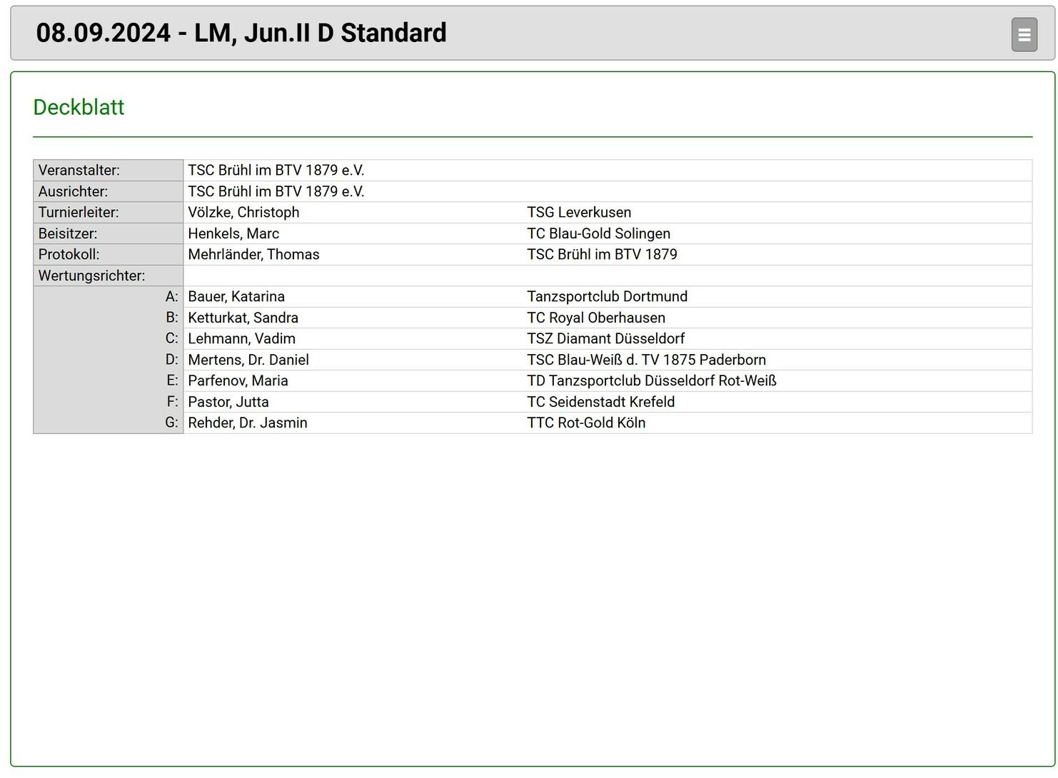 Deckblatt mit Informationen zum Turnier der Jun. II D Standard am 08.09.2024, einschließlich Veranstalter, Turnierleiter und Wertungsrichtern.