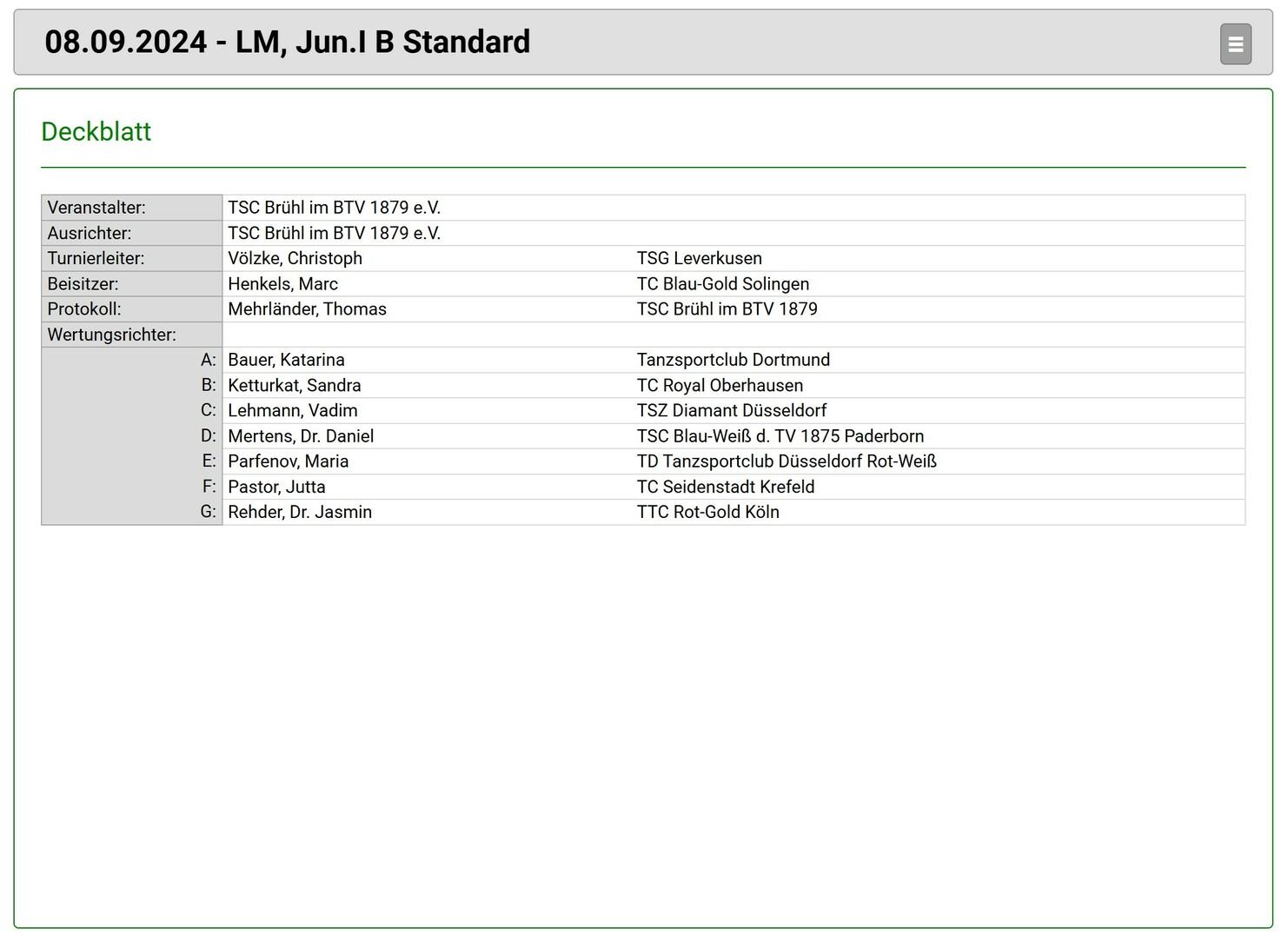 Deckblatt einer Tanzturnier-Veranstaltung mit Veranstalter- und Wertungsrichter-Details in Tabellenform.