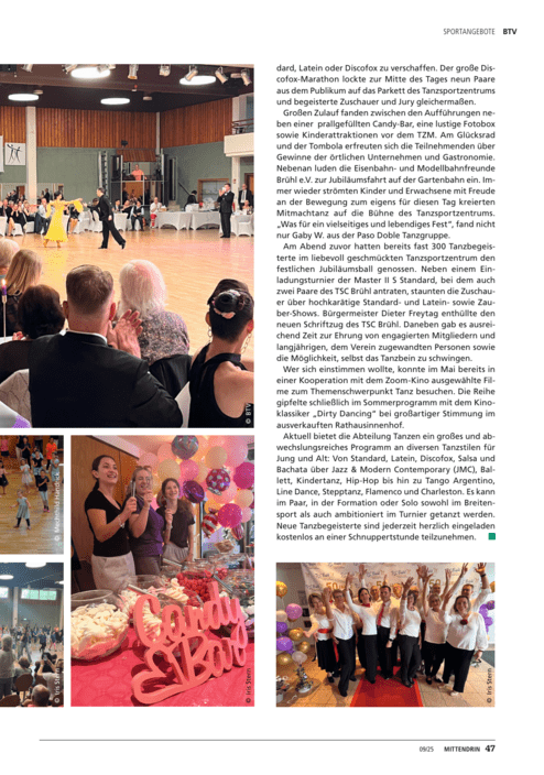 Tanzveranstaltung mit tanzenden Paaren auf einer großen Tanzfläche und Zuschauer:innen im Hintergrund, jubilierende Stimmung.