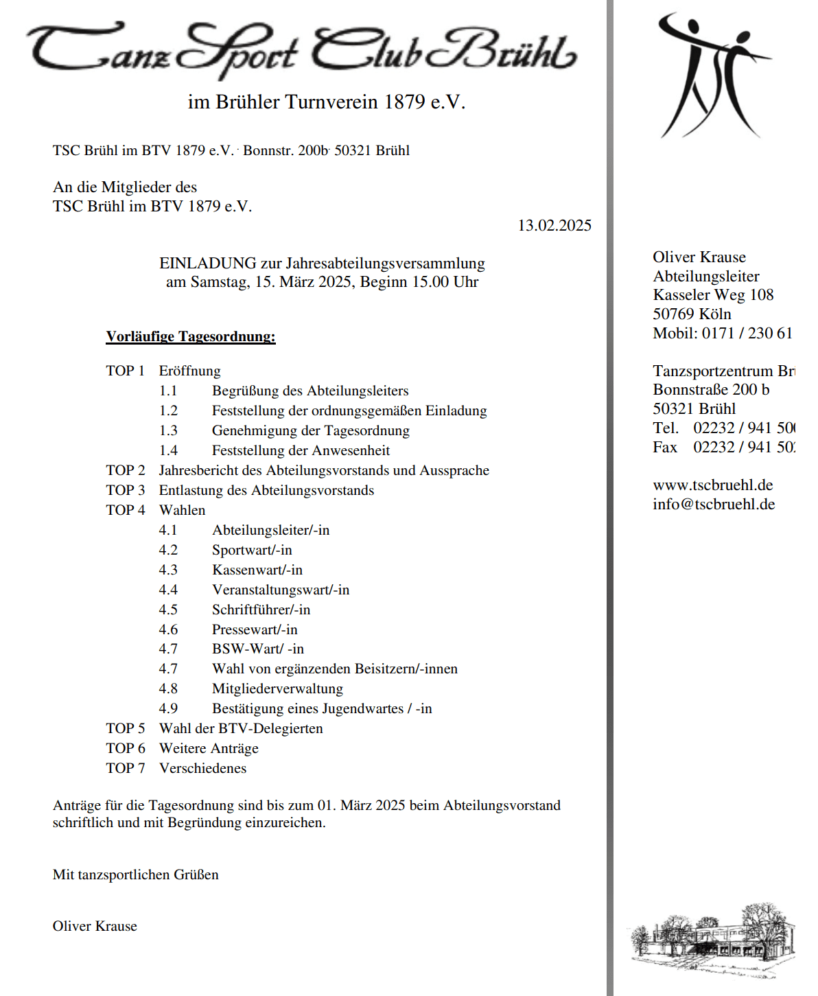 Einladung zur Jahresabteilungsversammlung des TSC Brühl mit Tagesordnung und Kontaktdaten, datiert 13. Februar 2025.
