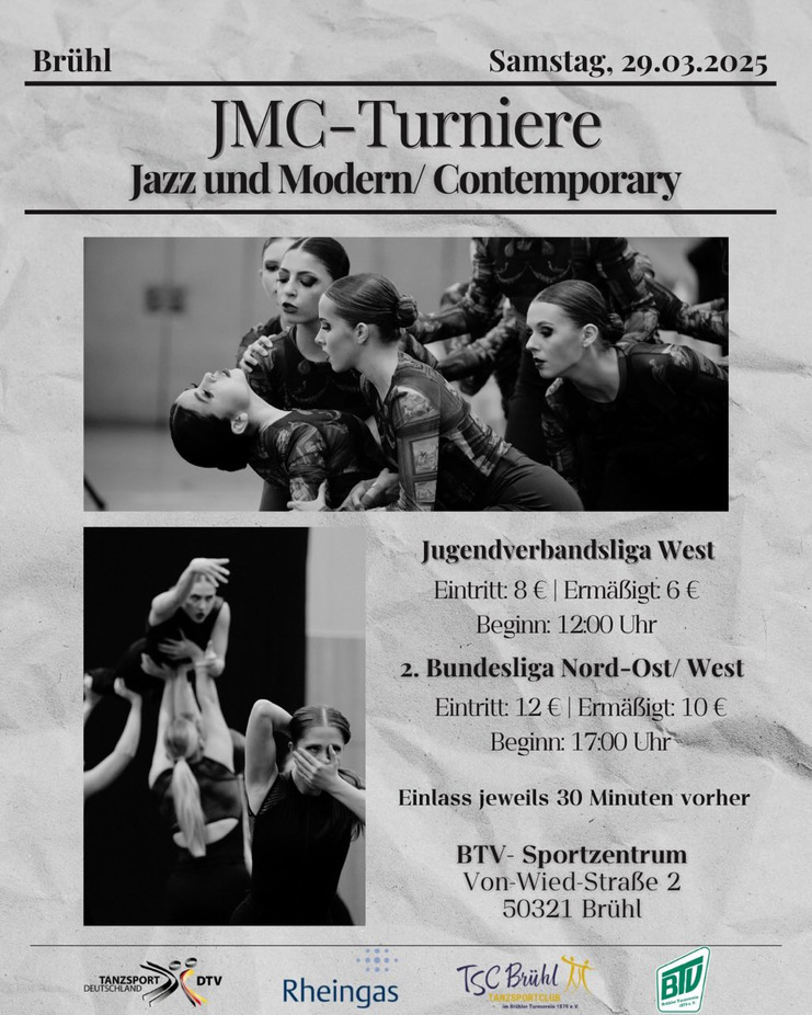 Plakat für JMC-Turniere mit Tänzerinnen in Schwarz-Weiß sowie Veranstaltungsdetails aus Brühl am 29.03.2025.