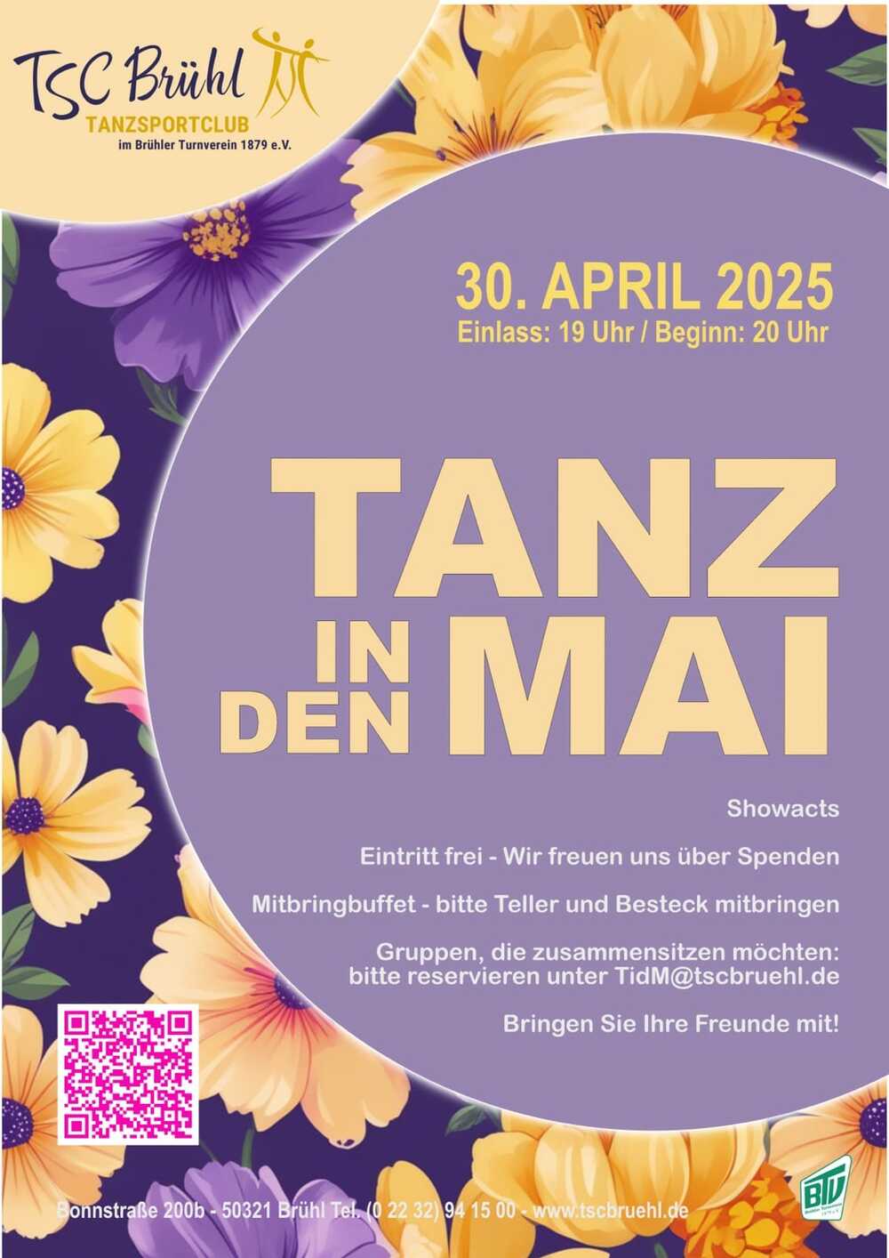 Poster für die Veranstaltung „Tanz in den Mai“ mit Details zu Datum, Uhrzeit und Mitbringbuffet, umrahmt von bunten Blumen.