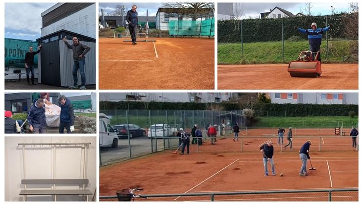 Verschiedene Personen arbeiten gemeinsam an der Pflege eines Tennisplatzes aus rotem Sand in einer Sportanlage.