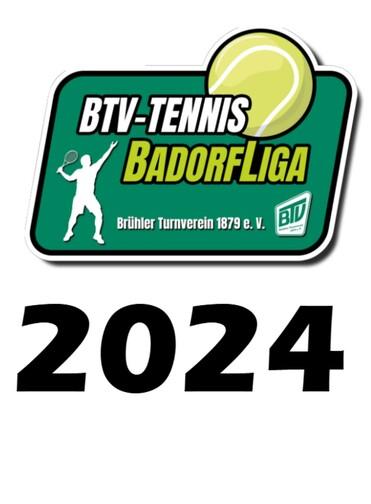 Logo der BTV-Tennis Badorfenliga 2024 mit Tennisball und Spieler-Silhouette auf grünem Hintergrund.