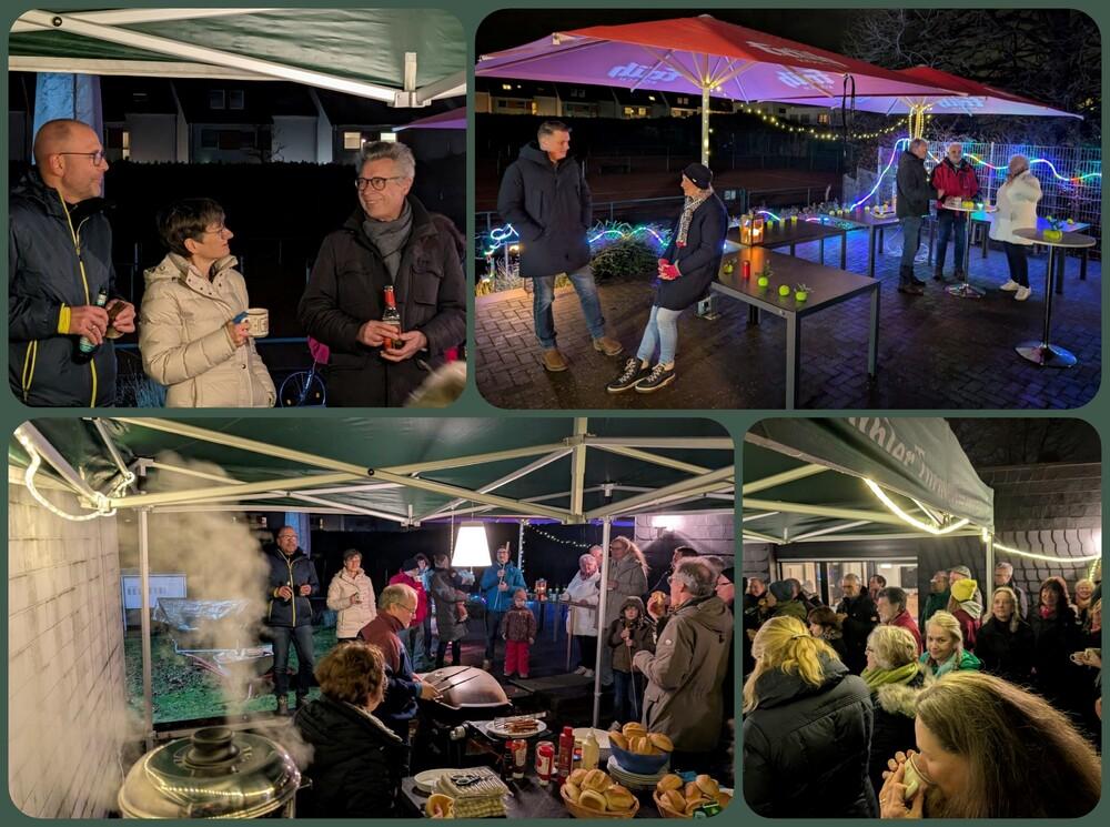 Gesellige Menschen unter einem Zelt bei Nacht, genießen Getränke und Gespräche, umgeben von Lichtern und Kulinarik.