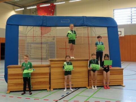 Gruppe von Kindern in Sportkleidung steht vor einer blauen Sprungwand und hält Urkunden in den Händen.