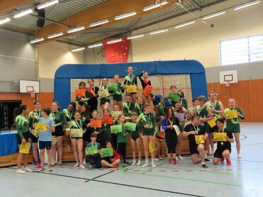 Gruppe junger Sportlerinnen und Sportler in Sportkleidung mit Medaillen und Urkunden, vor einem Turnmattenaufbau.