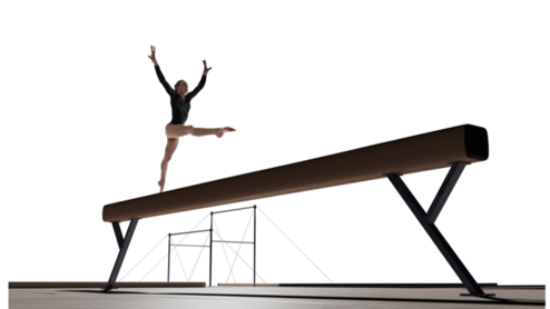 Akrobatin in schwarzem Outfit springt elegant von einem Balancebalken in einem hellen Trainingsraum.