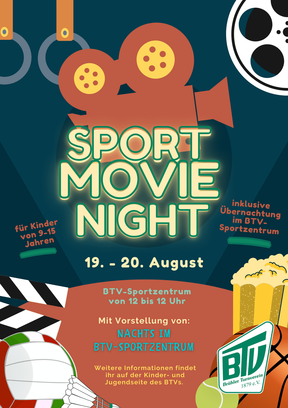 Plakat zur Sport Movie Night mit Eventdetails, Sportarten und Informationen für Kinder im BTV-Sportzentrum.