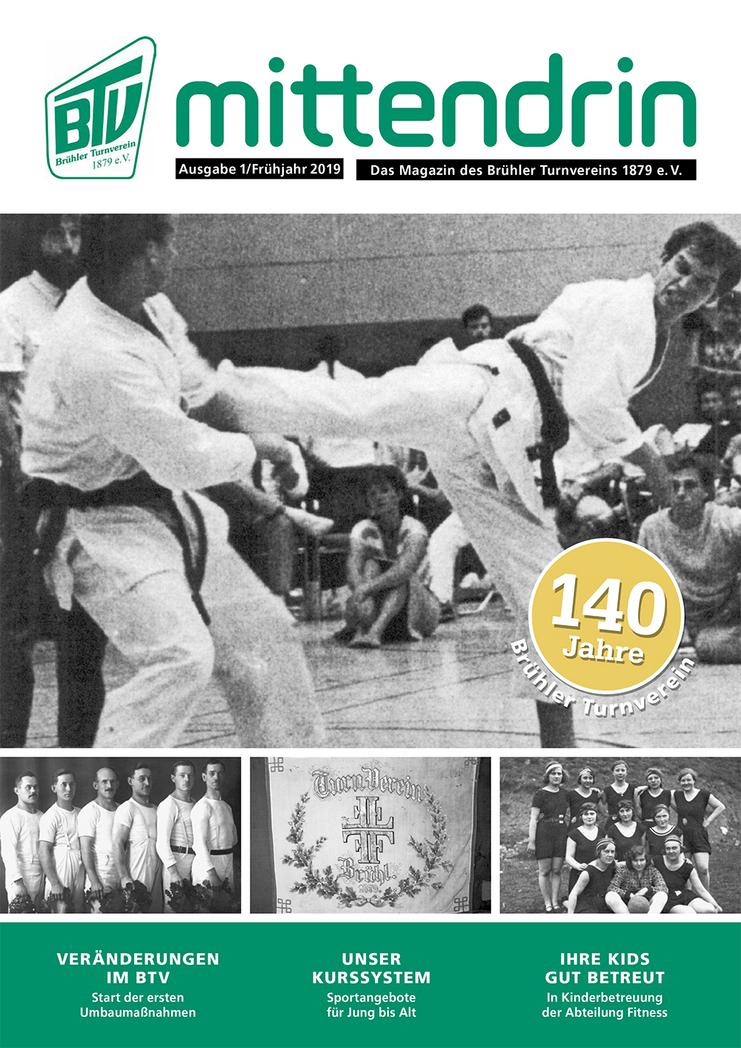 Titelbild des Magazins „mittendrin“ des Brühler Turnvereins mit historischen Fotos und Infos zum 140-jährigen Bestehen.