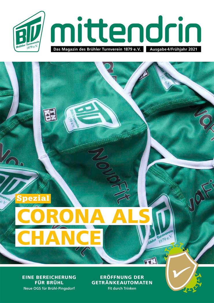 Titelbild des Magazins "mittendrin" des Brühler Turnvereins mit grünem Hintergrund und weißen Masken.