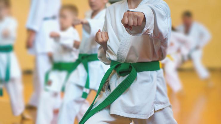 Gruppe von Kindern in Karateanzügen mit grünen Gürteln, die in einer Sporthalle üben.