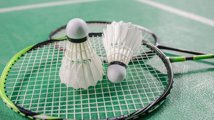 Zwei Badmintonschläger liegen auf einer grünen Spielfläche, daneben befinden sich zwei Federbälle.