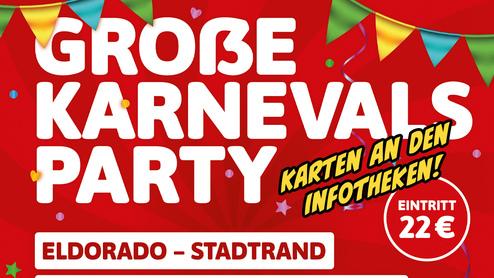 Plakat zur Gro&szlig;en Karnevals Party am 24.01.2026 im Tanzsportzentrum Bonnstra&szlig;e. Rotes, bunt dekoriertes Karnevalsdesign mit Wimpeln und Konfetti. Auf dem Programm stehen Eldorado (Stadtrand), Drummerholics (Kasch&auml;mm) sowie e