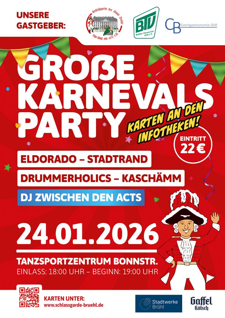 Plakat Große Karnevalsparty 2026 Plakat zur Großen Karnevals Party am 24.01.2026 im Tanzsportzentrum Bonnstraße. Rotes, bunt dekoriertes Karnevalsdesign mit Wimpeln und Konfetti. Auf dem Programm stehen Eldorado (Stadtrand), Drummerholics (Kaschämm) sowie e
