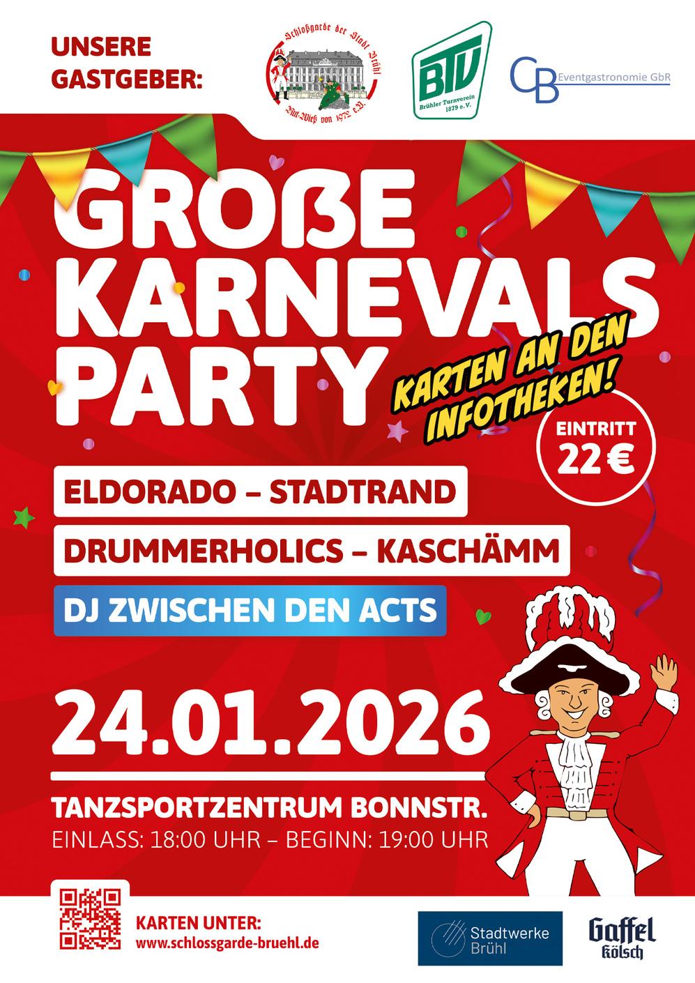 Plakat zur &bdquo;Gro&szlig;en Karnevals Party&ldquo; am 24.01.2026 im Tanzsportzentrum Bonnstra&szlig;e. Rotes, bunt dekoriertes Karnevalsdesign mit Wimpeln und Konfetti. Auf dem Programm stehen Eldorado (Stadtrand), Drummerholics (Kasch&auml;mm) sowie e