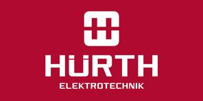 Logo von Hürth Elektrotechnik auf rotem Hintergrund mit stilisiertem, schlichten Emblem über dem Firmennamen.