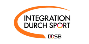 Logo der Initiative "Integration durch Sport" mit orangefarbener Linie und Schriftzug des DOSB.