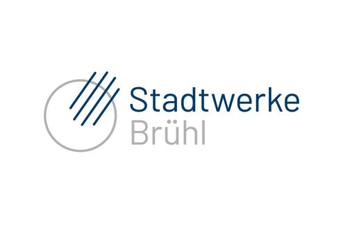 Logo der Stadtwerke Br&uuml;hl, bestehend aus einem grauen Kreis und blauen Schriftzug &bdquo;Stadtwerke Br&uuml;hl&ldquo;.